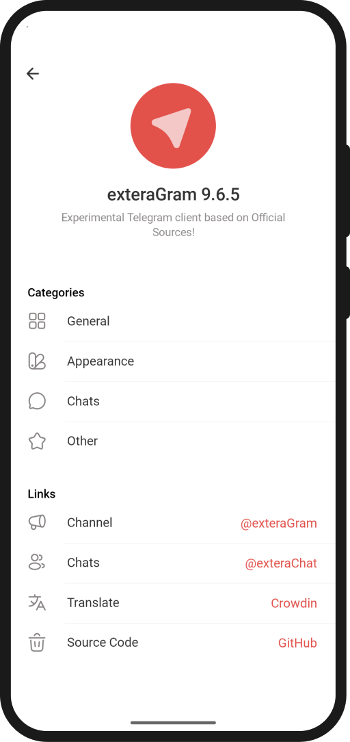Phone with exteraGram settings open